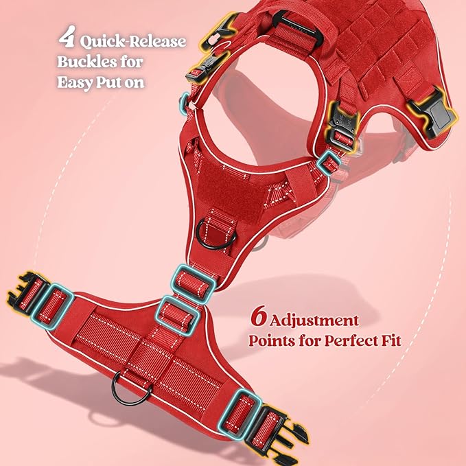 rabbitgoo Tactical Dog Harness for Large Dogs, No Pull Upgraded Reflective Heavy Duty Molle Vest with Handle, Adjustable Military Service Dog Vest for Walking Hiking Training, Red, L