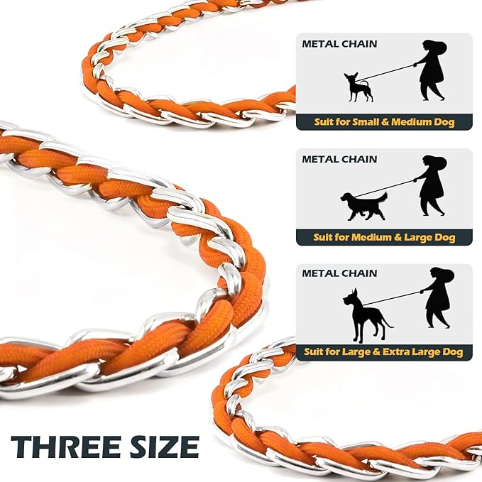 Dog Leash Chew Proof, Chain Leash Anti Chew Dog Leash for Large Dogs Heavy Duty, Indestructible Metal Leash Anti Bite Chain Link with Woven Cord Soft Padded Handle (Orange, 4FT)