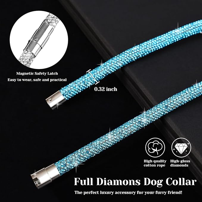 Stylish and Luxurious Diamond Dog Collar,Magnetically Absorbent Clasp,Full Diamond Design,Perfect for Wedding and Everyday Walking - Blue Diamons Necklace Collar for Medium Dogs,16''