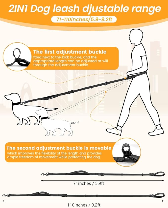 Hands Free Dog Leash, Pet Car Seatbelt, 2-in-1 Multifunctional Crossbody Dog Leash, 5.9-9.2Ft Waist Belt with Double-Sided Reflective for Walking, Hiking, Travel etc.(Black)