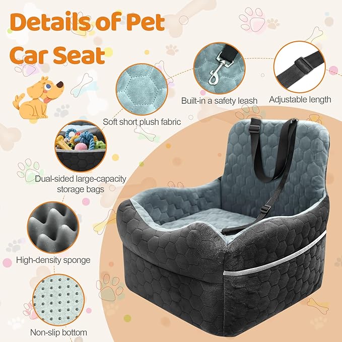 Dog Car Seat for Small/Medium Dogs - Puppy Car Seat Under 35 lbs with Thick Elevated Cushion & Safety Belt for Travel - Detachable & Washable Dog Booster Seat with 2 Sides Storage Pockets(Black/Gray)
