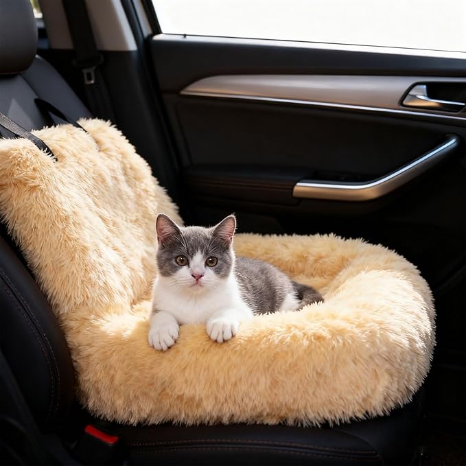 Generic Dog Car Seat for Dogs,Fluffy Pet Seat with Detachable Washable Cushion, Portable Travel-Safe Bed for Cars with Safety Belts (Orange, 60X60cm)