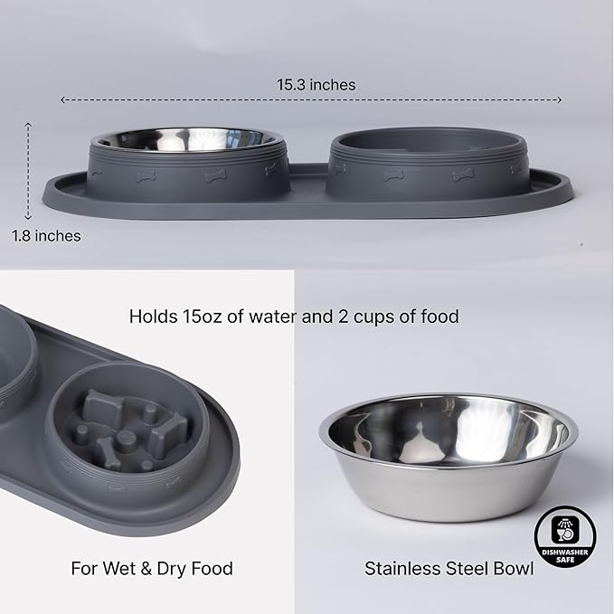 MalsiPree 2-in-1 Slow Feeder & Water Bowl Set 15 oz - Anti-Spill Silicone Mat - Stainless Steel Dish, Stainless Steel Water Bowl - Eases Digestion - Pet Gift for Cat, Puppy, Small & Medium Dog Slow