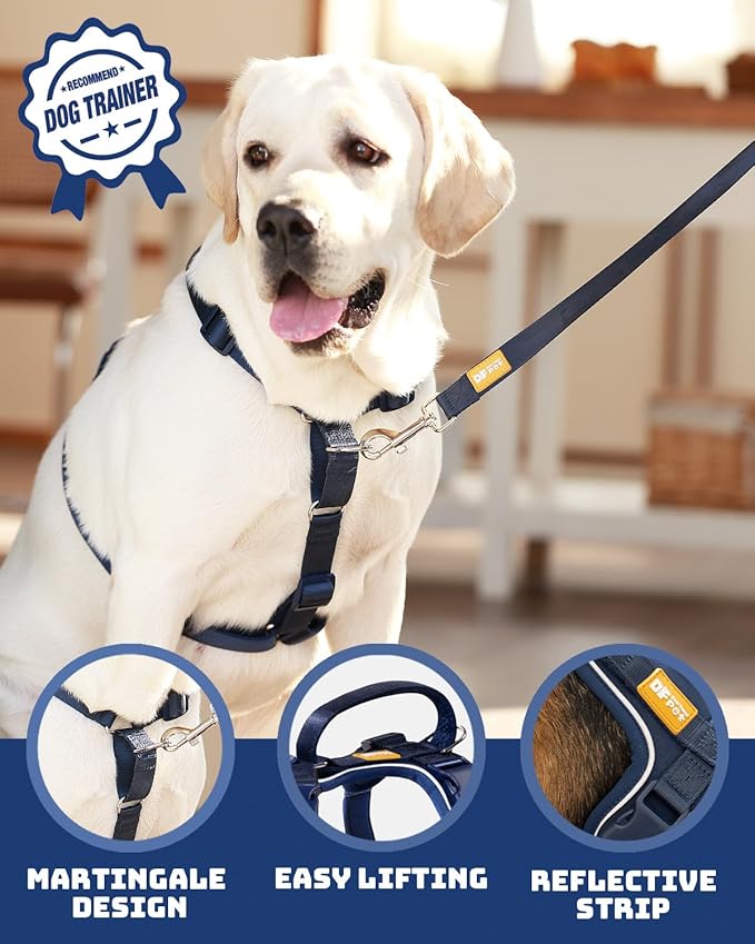 DF Freedom No Pull Martingale Dog Harness, Gentle Control for No Choking, Front Clip Harness with Reflective, Adjustable & Padded Handle for Easy Walking & Training, Navy Blue, 3/4", Chest 22.4"-30.4"