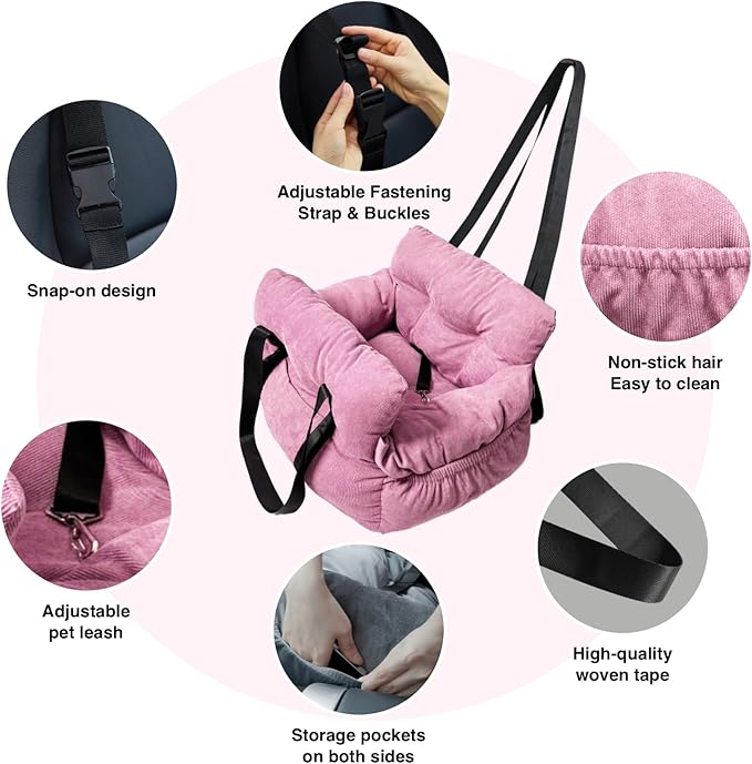 Pet Car Booster Seat for Small Dogs up to 25 lbs with Safety Straps, Storage Pockets, Travel Carrier Bed with Detachable Cover, Machine Washable (Pink)