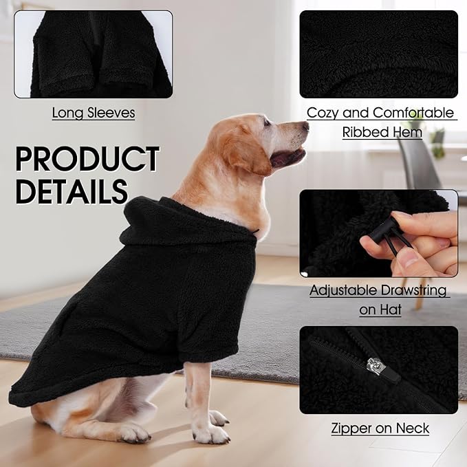 IDOMIK Fuzzy Dog Sweater with Adjustable Hood, Warm Fleece Dog Sweater Hoodie with Harness Hole & Pocket, Pullover Sweaters for Medium Dogs, Fuzzy Hooded Sweatshirt for Fall Winter Christmas,Black,L