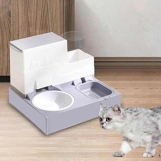 Cat Feeding Bowl and Water Dispenser, Automatic Dog Cat Feeder, 2 in 1 Portable for Small Animals Rabbits Pet Puppy Cats, Gray
