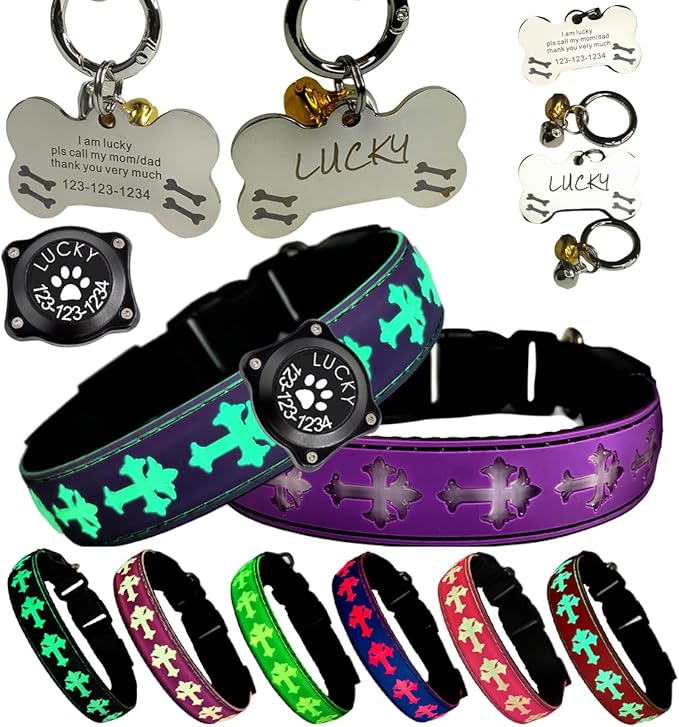Pet Collar with AirTag Holder and ID Tag, 15 Lighting Modes, Waterproof Cross Pattern Design, Multiple Colors (Purple, S(7.87-11.8"))