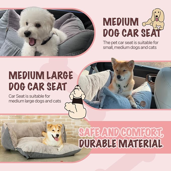 Dog Car Seat for Small Medium Large Dogs, Eco-Friendly Microfiber Velboa, Dog Booster for Under 45Lbs, Detachable and Washable Travel Seat with Thick Cushion (Pink Beige, L)