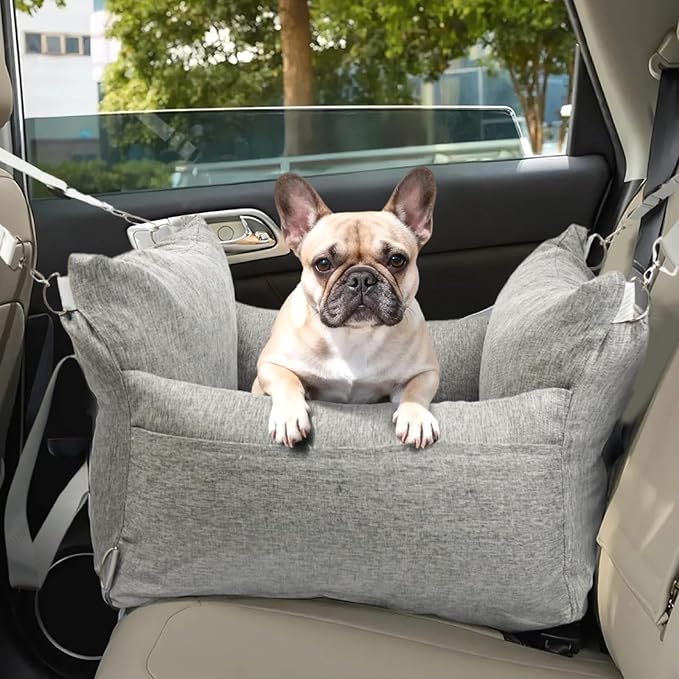 Pet Car Booster Seat for Small Dogs up to 25 lbs with Safety Straps, Storage Pockets, Travel Carrier Bed with Detachable Cover, Machine Washable (Light Gray)