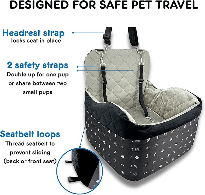 Small Dog Car Seat, Memory Foam Dog Booster Car Seats with Thick Cushion for Medium Dogs Under 35lbs, 3Storage Pockets with Zipper, 2 Safety Belts (Black, Regular)
