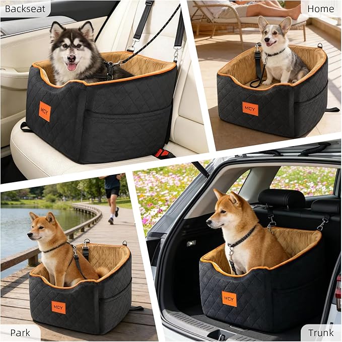 MCY Dog Car Seat for Small Dogs, Elevated Pet Car Seat, Travel Safety Pet Seat for Dogs up to 35 lbs, Memory Foam Booster Dog Seat with Washable Removable Cover, Storage Pockets, Black (Black-Brown)