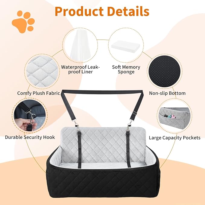 Dog Car Seat for Large Dogs Up to 55 lbs, Pet Booster Seat with Memory Foam, Non-Slip Washable Dog Car Bed with 2 Safety Leashes & Storage Pockets for SUV & Sedan