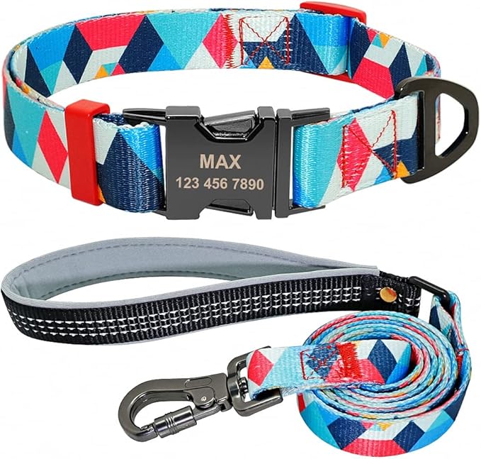 Nylon Dog Collar Leash Set Soft Personalized Dogs Collars Lead Padded with Safety Buckle for Small Medium Large Dogs Pet Pitbull Blue L