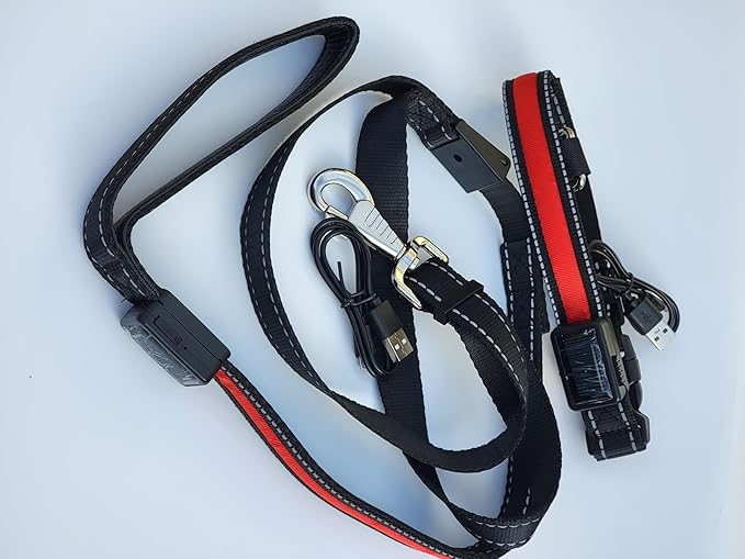 LED Dog Collar and Leash Light USB Rechargeable Color Changing, Glow in The Dark Dog Collars and Leash Waterproof (Red, Collar Large + Leash)