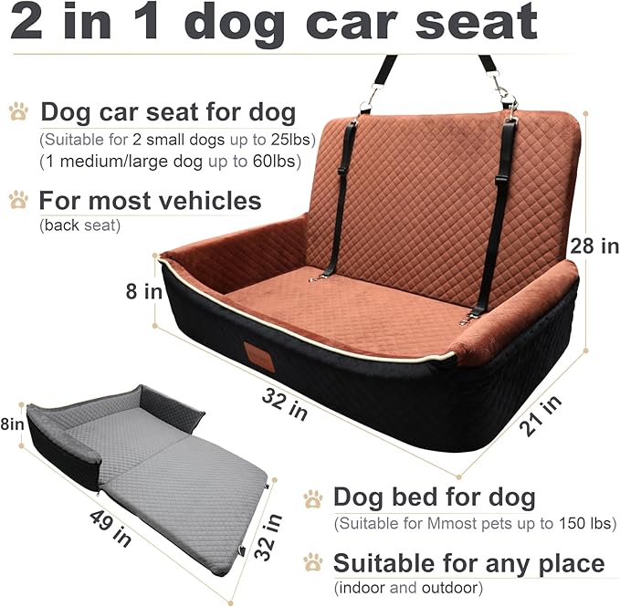 Youvee Dogs Car Seat and Bed 2 in 1,Pet Car Bed for 2 Small or 1 Medium/Large Dog up to 60 lbs,Dog Booster for car Back Seat,Comfortable,Fully Detachable and Washable(Black Outside Brown Inside)