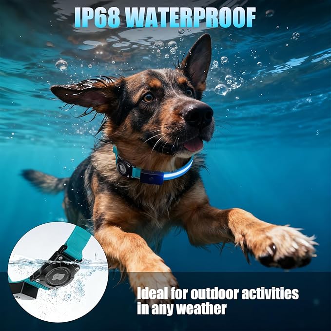 LED AirTag Dog Collar - Brightest Light Up Dog Collars - IP68 Waterproof Air Tag Dog Collar Holder - 1,600 Feet of High Visibility - Magnetic Charging - Dog Lights for Night Walking, Blue L