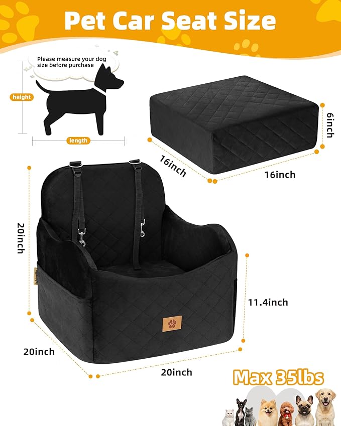 Car Seat Booster for Dog: High-Support Memory Foam Pet Car Seat for Small/Medium Dogs Under 35lbs with Elevated Cushion - Detachable Washable Puppy Travel Bed for Driving with Pockets
