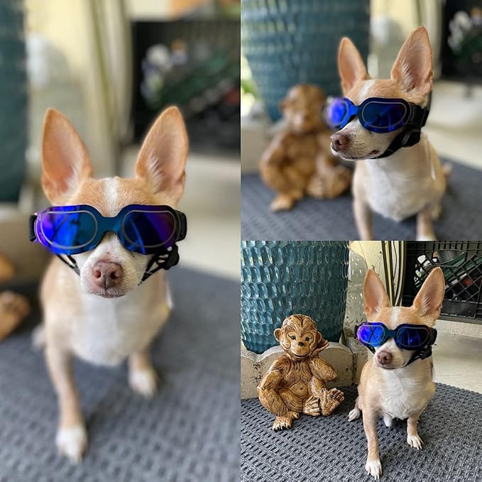 Namsan Dog Goggles Small Breed, Anti-UV Sunglasses for Dogs Small Breeds, Windproof Riding Dog Eye Protection, Yorkie Glasses with Elastic Straps, Easy Put-on/Adjustable, Bright Blue
