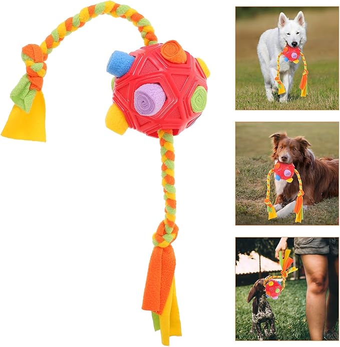 Interactive Dog Snuffle Ball Treat Puzzle for Large Dogs Puppy Enrichment Pet Foraging with Rope – Red Scent Stimulation Chew Ball for Canine Training