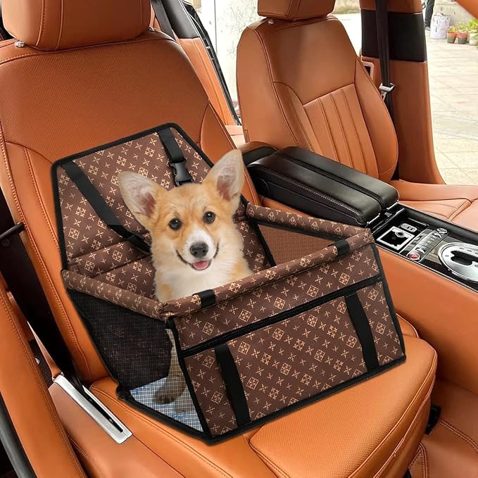 Dog Car Seat for Small Dogs Under 30 lbs - Easy to Clean, Dirt Resistant & Anti-Scratch Durable with Storage Pockets, Compatible with Dog seat Belt, Cold Pat Optional(Vintage Brown+pat)