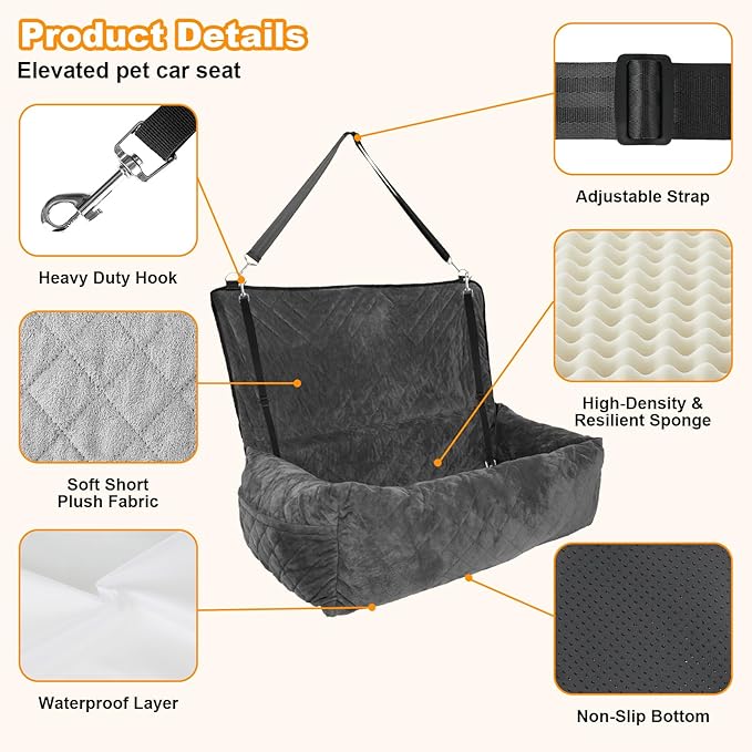 Dog Car Seat for Large Dogs - Car Seat 2 Small Dogs Pet Travel Car Seat Dog Bed Fully Detachable and Washable with Thicken Waterproof Cushion, Adjustable Seat Belt Pet Car Seat with Storage Pockets