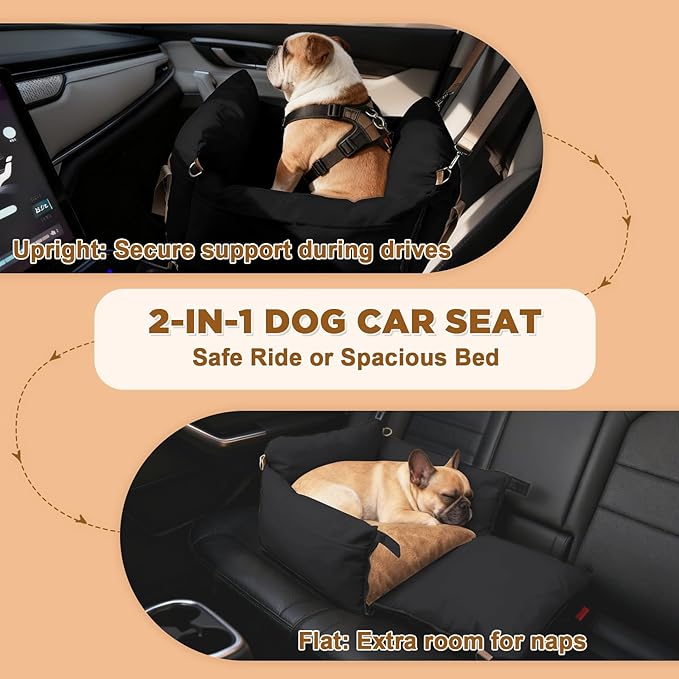 Dog Car Seats for Small Dogs, 2-in-1 Waterproof Pet Booster Seat for Car with Side Handles and a Storage Pocket, Clip-On Safety Leash and PP Cotton Filling, Vehicle Bed for Puppy up to 25 lbs (Black)
