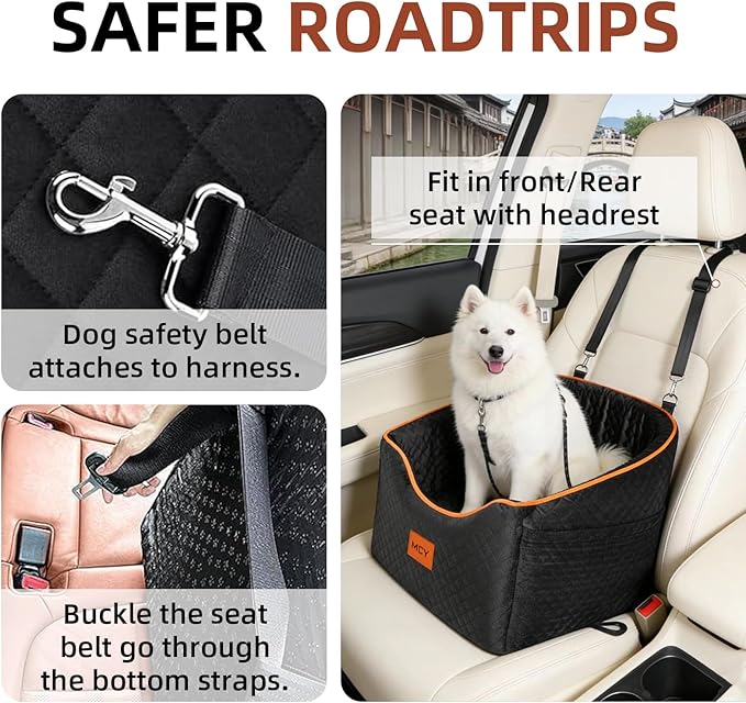 MCY Dog Car Seat for Small Dogs, Elevated Pet Car Seat, Travel Safety Pet Seat for Dogs up to 35 lbs, Memory Foam Booster Dog Seat with Washable Removable Cover, Storage Pockets, Black (Black)