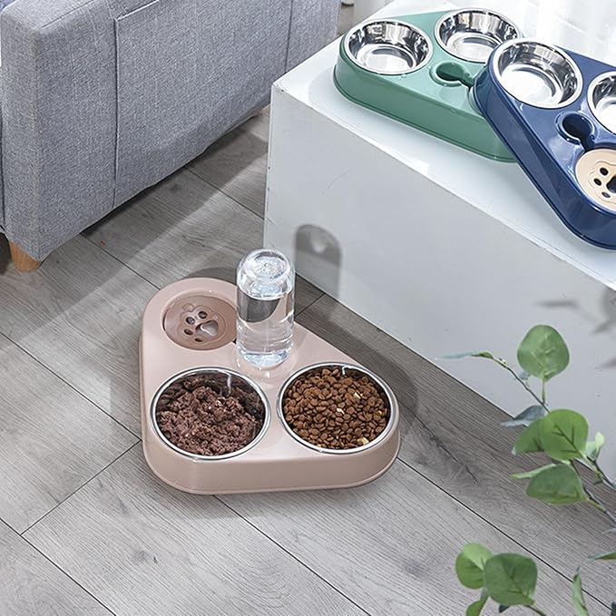 Pet Food & Water Bowl Set, Automatic Refill Bottle with Non Slip Base, Stainless Steel Bowls for Cats and Dogs, Pink