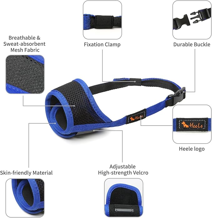 HEELE Dog Muzzle,Soft Nylon Muzzle Anti Biting Barking Chewing,Air Mesh Breathable Drinkable Adjustable Loop Pets Muzzle for Small Medium Large Dogs 4 Colors 4 Sizes (Blue, L)