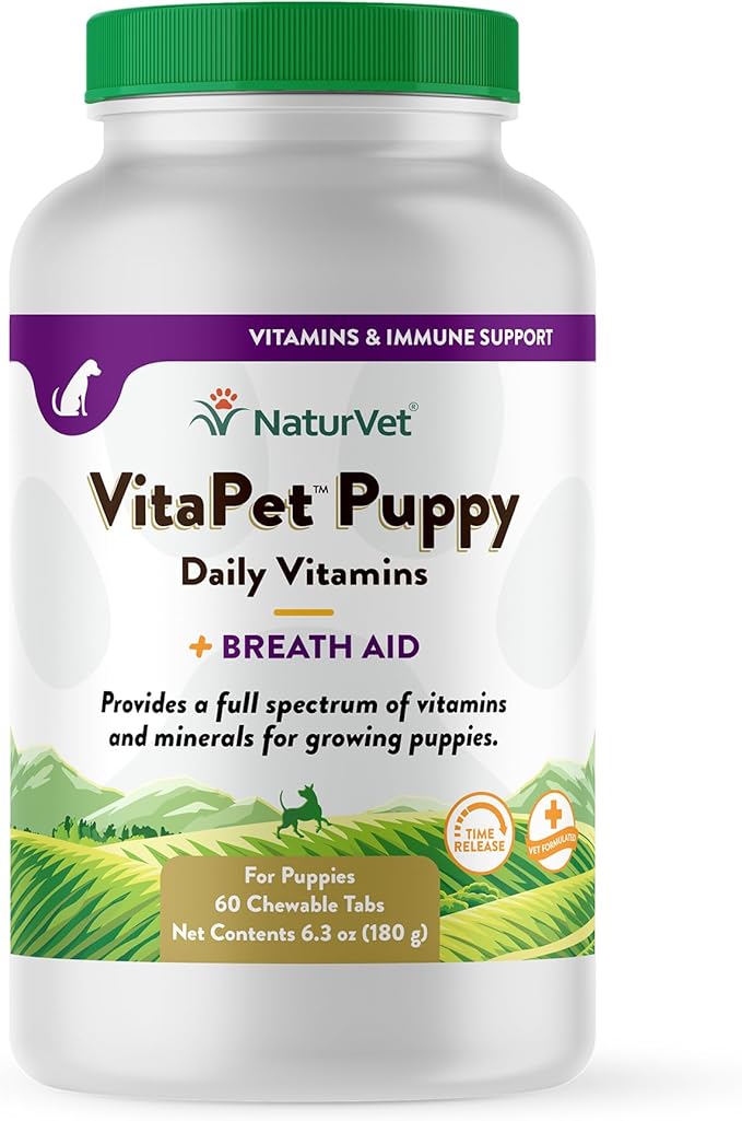NaturVet VitaPet Puppy Daily Vitamins Plus Breath Aid for Puppies, 60 ct Time Release, Chewable Tablets, Made in The USA with Globally Source Ingredients