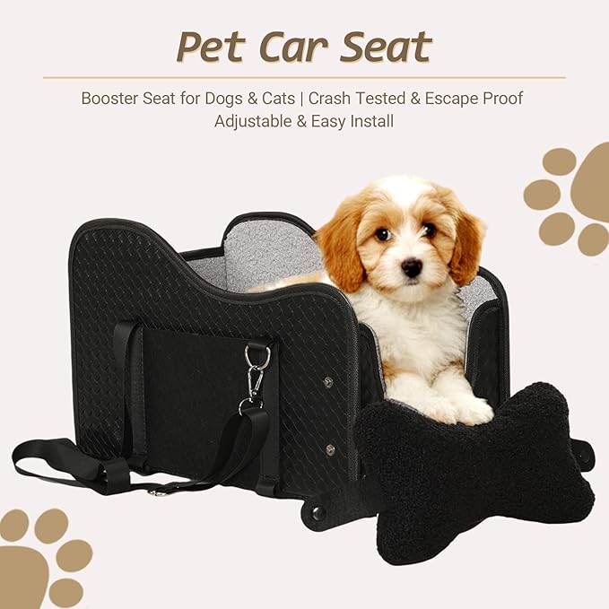 Dog Car Seat for Small/Medium Dogs Under 15 lbs with 2 Replaceable Dual-Sided Summer/Winter Cushions, Portable Booster & Pet Bed for Back & Front Seat Travel, Carrier with Leash Clip