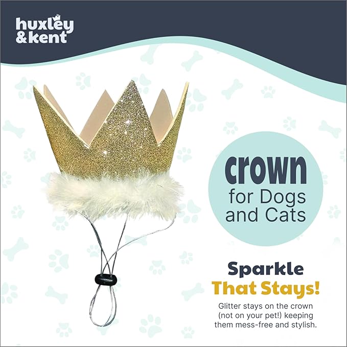Huxley & Kent Pet Party Crown – Adjustable Glitter Crown Hat with SnugFit Straps – Party Accessory for Dogs & Cats – Gold, Small