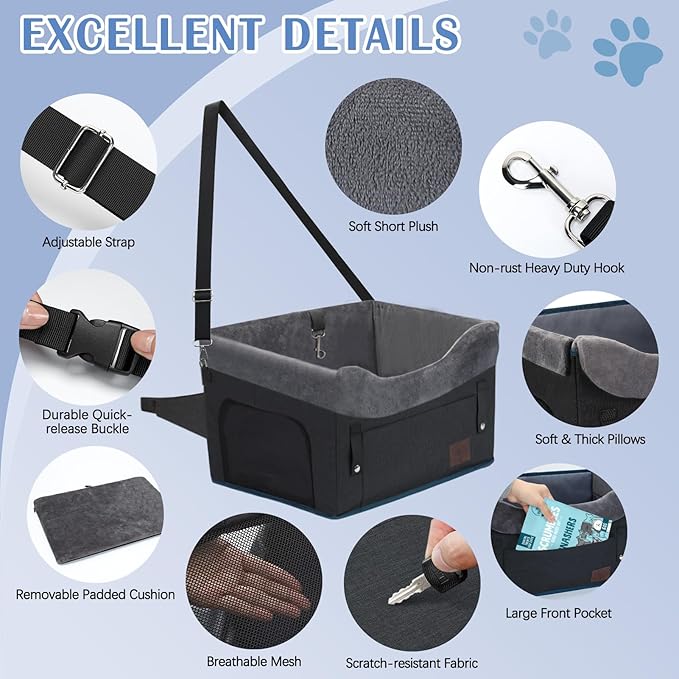 PetsHome Dog Car Seat for Small Dogs, Detachable Washable Dog Booster Car Seat with Storage Pocket, Breathable Mesh, Safety Leash, Adjustable Straps for Small Pets Up to 25lbs-Black