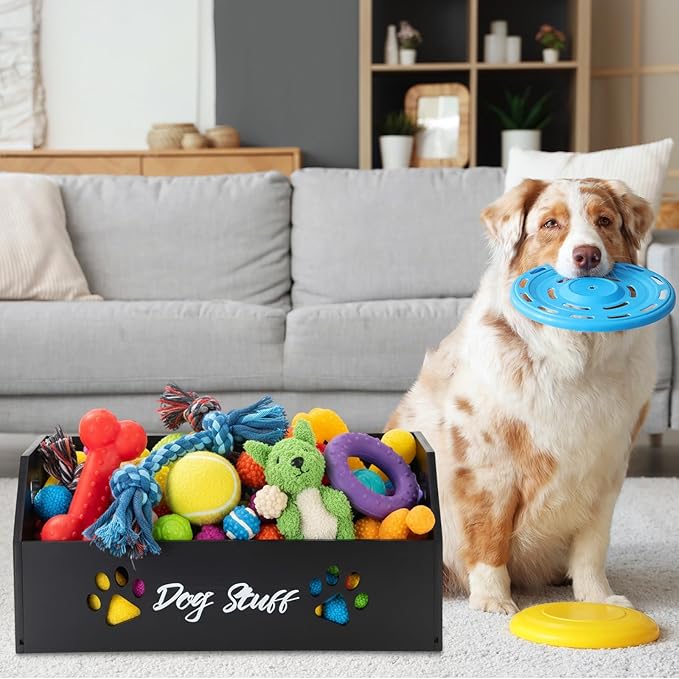 Leinuosen Large Dog Toy Bin Basket, 20 Inch Large Stuff Toy Storage Basket Bin with Bone Handle Cutout Pattern Pine Container for Organizing and Storage Dog Leash Chew Toys(Black, Undivided)