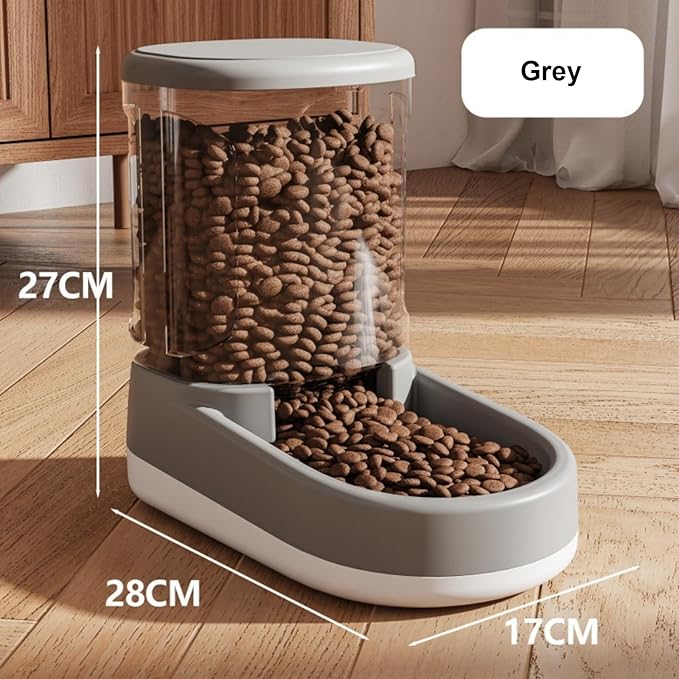 Gravity Pet Feeder & Water Dispenser Set (2Pcs), 1 Gallon Large Capacity Auto-Fill Top Fill Dog Cat Bowl, Fully Transparent Food Container with 6° Tilted Base for Healthy Feeding (Grey)