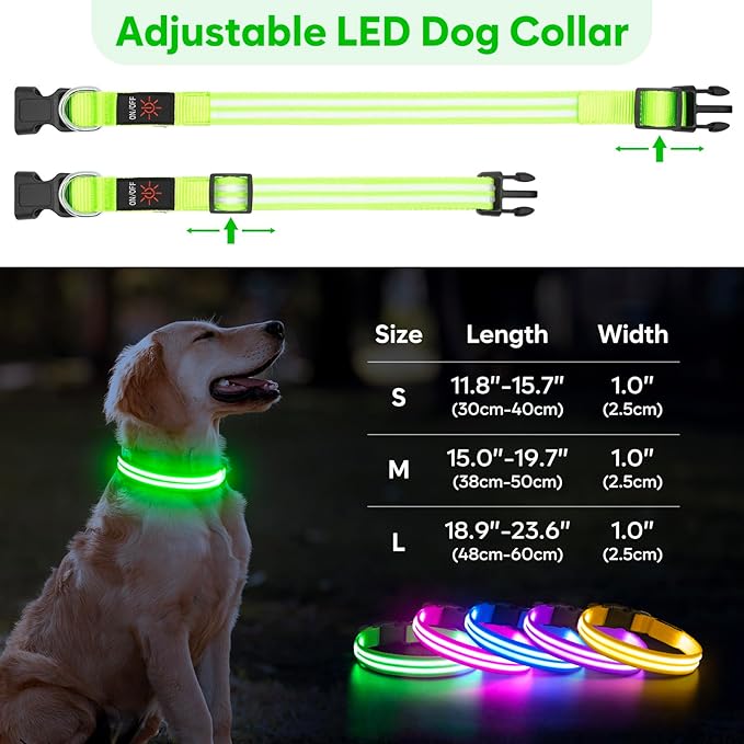 Light Up Dog Collar - BSEEN LED Dog Collar Rechargeable, Double Line Fiber Optic Glow in The Dark Dog Collar Light, Safety Dog Lights for Night Walking (Green, Medium)