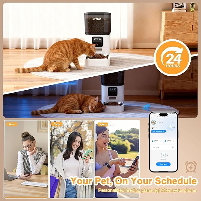 FGID Automatic Cat Feeder and Water Fountain,Cordless or Battery Cat Food Dispenser Timer Pet Feeder Dog Feeders w Camera,Programmable Portion Control, 4 Daily Meals, 10s Voice Recorder