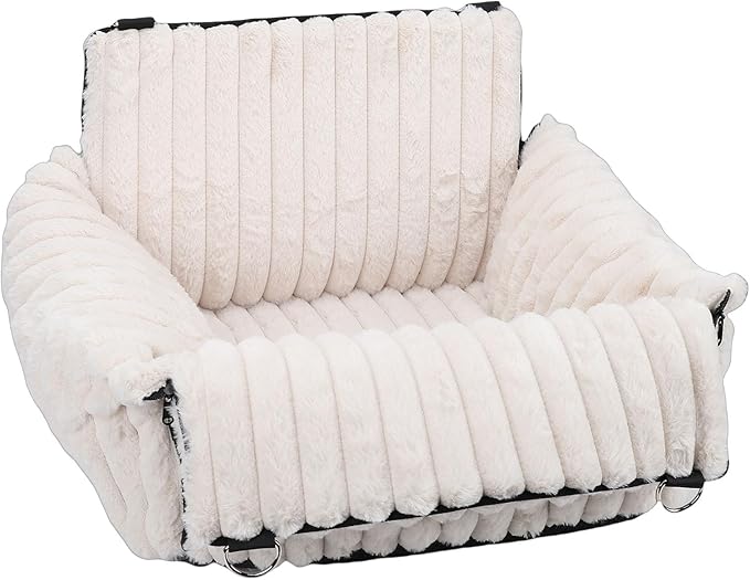Dog Car Seat for Small Dogs, Foldabble Washable Pet Booster Seats Semi Enclosed Detachable Short Plush Puppy Carseat with Clip on Leash Travel Carrier Bed, Beige