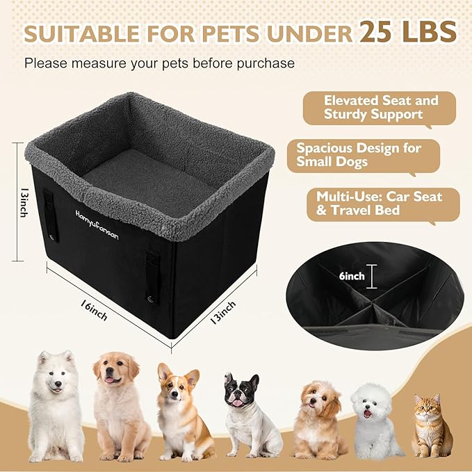 Dog Car Seat for Small Dogs, Dual Side Safe Straps Booster Seat for Small Pets up to 25lbs, Washable & Detachable(Black/Dark Grey)