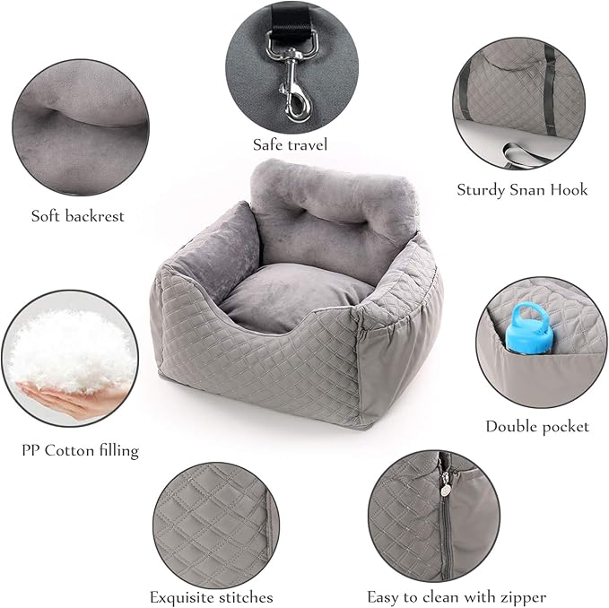 Dog Car Seat Puppy Booster Seat Detachable Non-Slip Dog Travel Car Carrier Bed Safety Seats with Storage Pocket and Clip-On Safety Leash with Removable Washable Cover for Small Dogs Or Cats