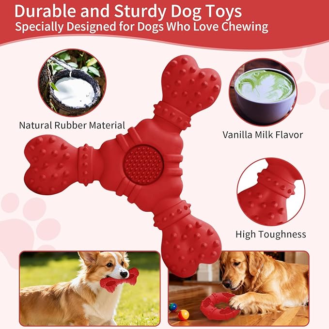 Dog Toys 4 Pack for Aggressive Chewers, Multifunctional Teeth Cleaning and Gum Massage for Puppy, Chew Toys with Natural Rubber for Small and Medium Dog(Red)