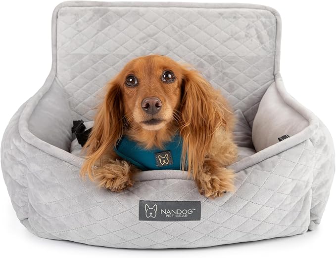 Nandog Pet Gear Luxury Dog Car Seat Bed w/Removable & Washable Pad Insert & Thick Car Seatbelt Straps - Secure, Comfortable, Easy-to-Clean Pet Carrier (Light Grey, 18" L x 16" W in)