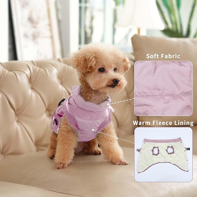 Dog Jacket with Harness,Fleece Lined Warm Puppy Coat for Winter,Soft Windproof Small Dog Vest,Light Pink XS