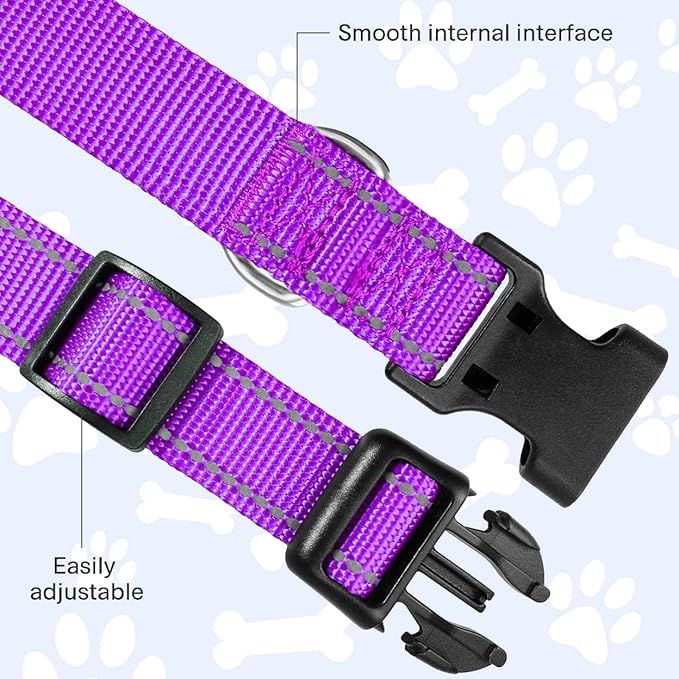 FunTags Reflective Dog Collar, Sturdy Nylon Collars for Puppy and Extra Small Girl and Boy Dogs, Adjustable Dog Collar with Quick Release Buckle,Purple,5/8" Width