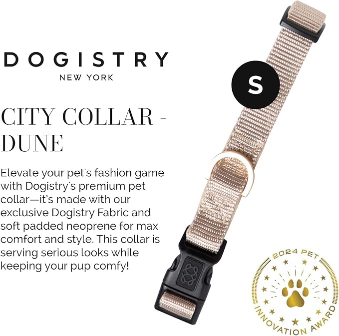 The DOGISTRY - City Collar - Dune - Premium Dog Collar with Padded Neoprene & Signature Fabric - Refined Design & Everyday Luxury - Small