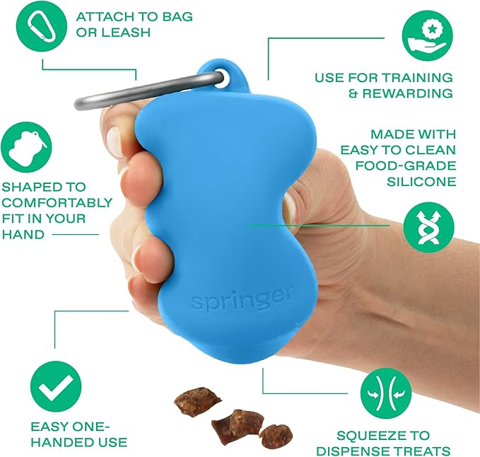 Springer Dog Treat Pouch for Effort-Free Squeeze Dispensing - Easy-Fill, Food-Grade Silicone Treat Pouches for Pet Training - Includes Carabiner-Blueberry