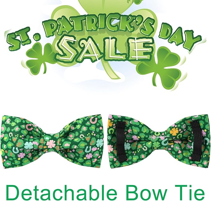 St. Patrick's Day Dog Collar with Bow Tie, Spring Shamrock Bowtie Collar for Girl Boy Dog, Lucky Clover Dogs Collars with Metal Buckle, Green Collars for Dogs, XS, Neck 8-12in