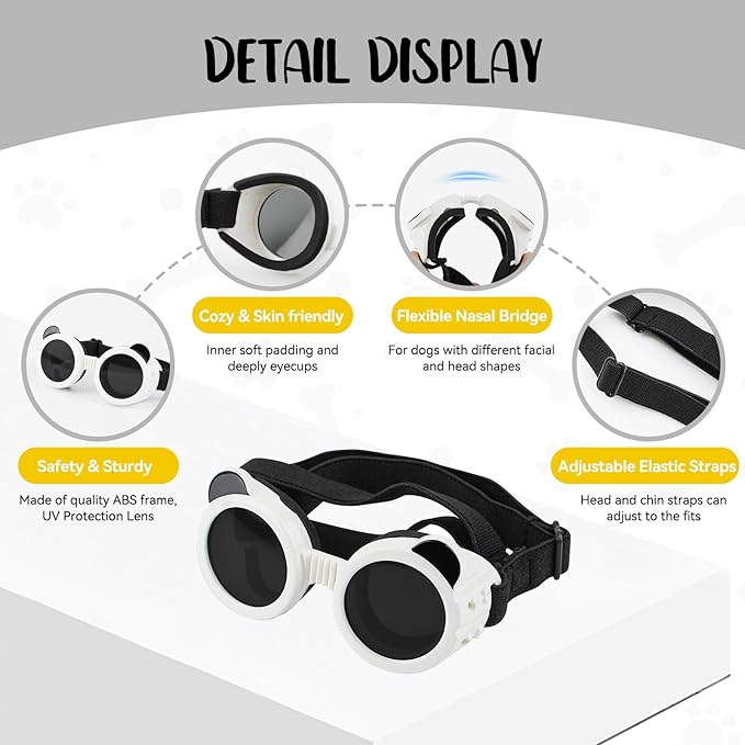 Namsan Dog Goggles Small Breeds, UV Protection Dog Glasses for XSmall to Small Dogs, Chihuahua Sunglases Windproof Dustproof Driving Eye Protection, Adjustable, Panda White