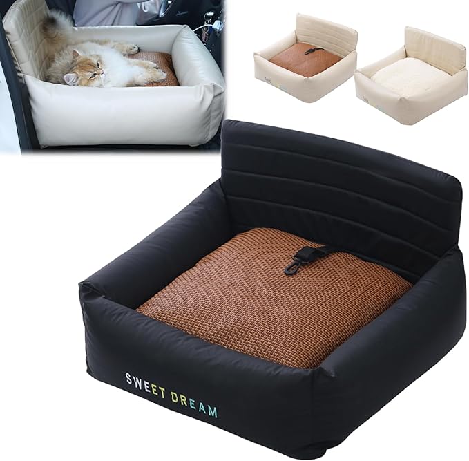 Car Seat Dog Bed with Safety Straps, Dog Car Seat for Small Dogs, Four Seasons Universal Double-Sided Rattan Mat Plush Pad, Washable Pet Booster Turn Seats (Black, 24.4 * 20.1 * 12.2in)